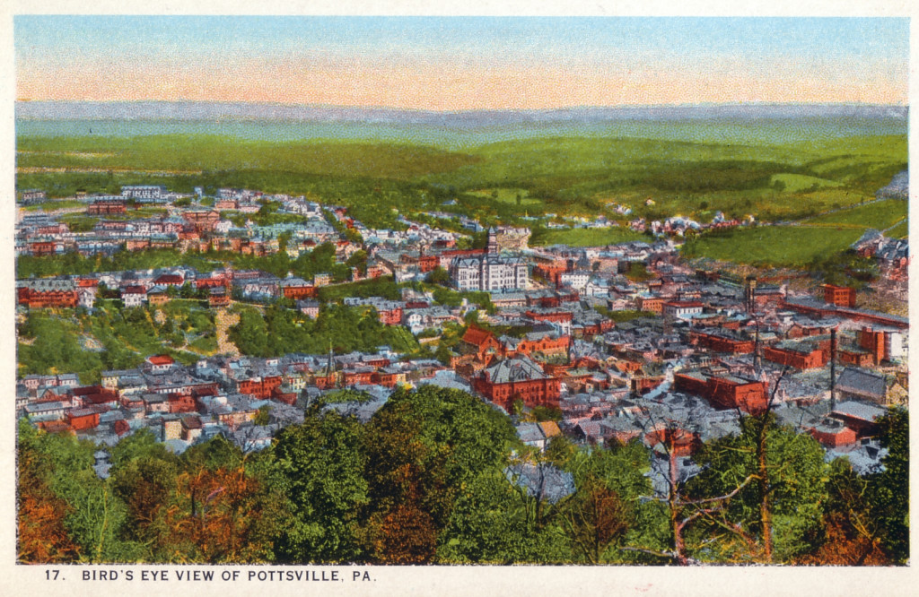 Postcard illustration showing a "Bird's Eye View of Pottsville, Pa." which depicts lots of trees and brick buildings.